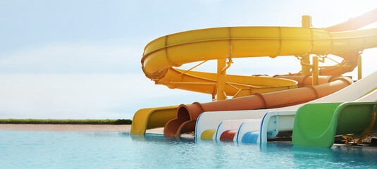 Beautiful view of water park with colorful slides and swimming pool on sunny day. Banner design