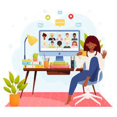 Woman at home office has online video chat conference meeting with diverse group of people. Home office workplace concept. Vector illustration.