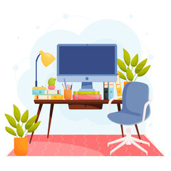 Home office workplace concept. Wide screen desktop on the table. Vector illustration.