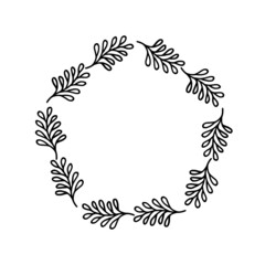 Hand-drawn wreath on white background. Black plant doodle wreath.