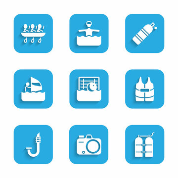 Set Water polo, Photo camera, Aqualung, Life jacket, Snorkel, Windsurfing, and Canoe rowing team sports icon. Vector