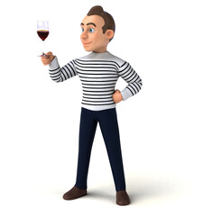 Fun 3D illustration of a cartoon character with a glass of wine