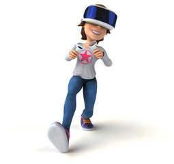 Fun 3D Illustration of a teenage girl with a VR Helmet