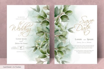 Minimalist Wedding invitation with Greenery floral and Elegant Watercolor background
