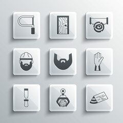 Set Grapple crane grabbed a log, Wooden beam, Protective gloves, Mustache and beard, Chisel tool, Lumberjack, Hacksaw and Two-handed icon. Vector