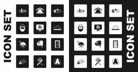 Set Wooden logs, Lumberjack, Chainsaw, Worker safety helmet, Closed door and Electric circular icon. Vector