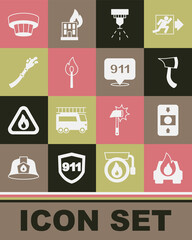 Set Burning car, Fire alarm system, Firefighter axe, sprinkler, match with fire, hose reel, Smoke and Emergency call 911 icon. Vector
