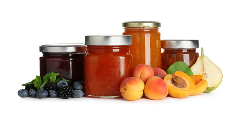 Jars with different jams and fresh fruits on white background
