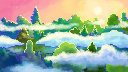 Cute magical sunrise in a misty forest, hand drawn