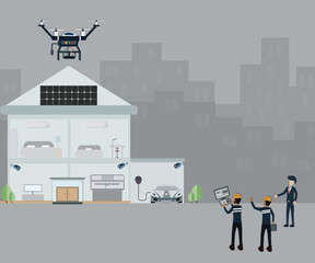 Flat design of technology concept,Tecnicial using drone to check the solar cell on the roof - vector