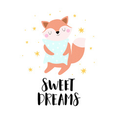 Sleeping little fox with pillow and tex Sweet dreams.