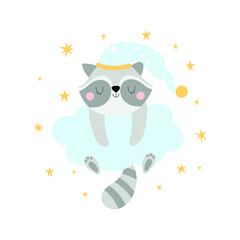 Sleeping little raccoon on the cloud.