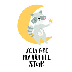 Sleeping little raccoon on the crescent and text You are my little star.