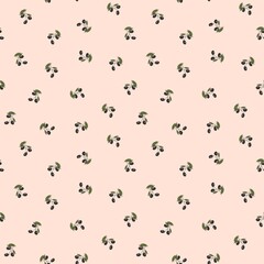Seamless pattern on a natural theme. Olive branches are drawn by hand with curved lines, a raster illustration. Design for clothing fabrics and other items.