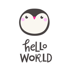 Vector illustration with penguin and text Hello world.