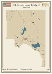 Map on an old playing card of Lassen county in California, USA.