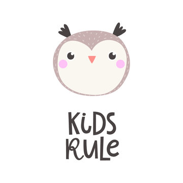 Vector illustration with owl and text Kids rule.