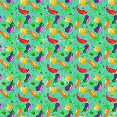 Seamless pattern on the theme of food. Carrots, peppers, eggplant and broccoli are hand-drawn in the kartun style. Design for fabric, clothing and other items.