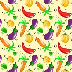 Seamless pattern on the theme of food. Carrots, peppers, eggplant and broccoli are hand-drawn in the kartun style. Design for fabric, clothing and other items.