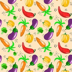Seamless pattern on the theme of food. Carrots, peppers, eggplant and broccoli are hand-drawn in the kartun style. Design for fabric, clothing and other items.