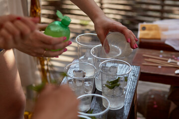 Young woman at a bachelorette party makes a mojito cocktail for the company. Preparation instructions. Step 4