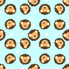 Seamless pattern with a cute lion cub. Design for clothing, fabric and other items. The illustration is hand-drawn with live lines in the cartoon style.