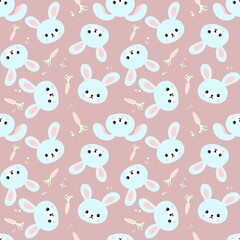 Fototapeta premium Seamless pattern with cute bunnies, carrots and other elements. Design for clothing, fabric and other items. The illustration is hand-drawn with live lines in the cartun style.