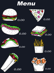 The original design of the fast food menu. Sandwich, pizza, shawarma, hot dog, tacos, fries, chicken wings. Vector design of menu for cafe, fast food, street food.