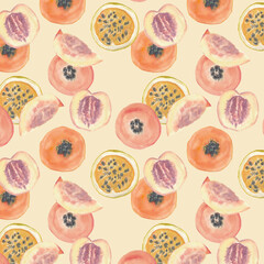 Seamless pattern of papaya, peach and passion fruit , watercolor hand drawn - 451801754