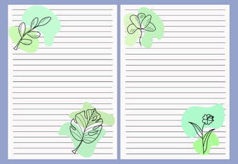 Notepad with illustrations of leaves, plants, flowers. Vector planner, notepad, diary, checklist, notes.
