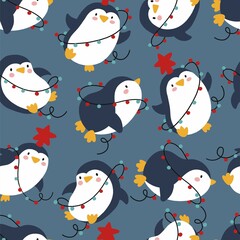 Merry Christmas and Happy New Year vector seamless pattern with cute cartoon penguin and christmas garland. © NadezdaBarkova
