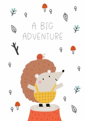 Cute hand drawn animals camper in scandinavian style. A big adventure with animals cartoon character hedgehog - vector print © NadezdaBarkova