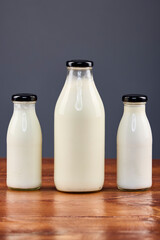 various dairy products in glass jars, organic products.