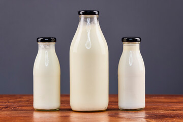 various dairy products in glass jars, organic products.