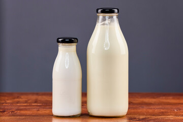 various dairy products in glass jars, organic products.