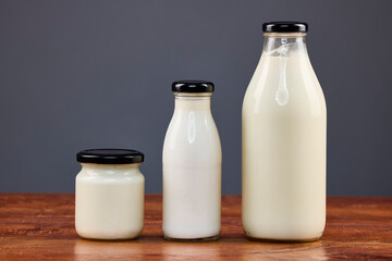 various dairy products in glass jars, organic products.