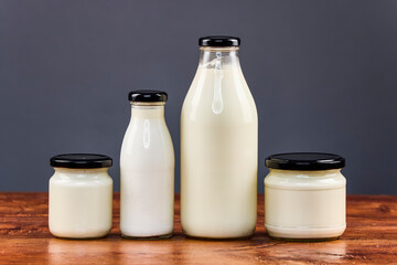 various dairy products in glass jars, organic products.