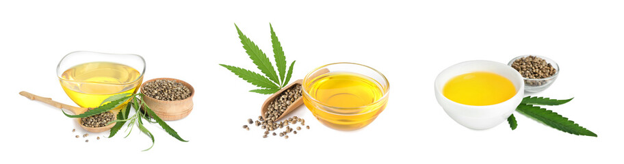 Set with hemp oil, seeds and leaves on white background. Banner design