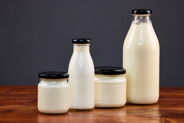 various dairy products in glass jars, organic products.