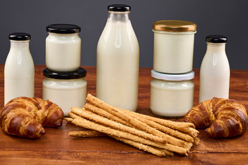 various dairy products in glass jars, organic products.