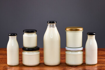 various dairy products in glass jars, organic products.