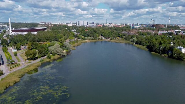 Aerial view on Toolonlahti Bay, a beautiful bay in the heart of Helsinki, capital of Finland.
