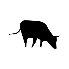 calm eating cow silhouette - black vector outline on white.