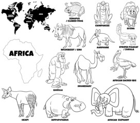 educational illustration of African animals coloring book page