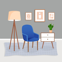 Cute grey interior with modern furniture and plants. Design of a cozy living room with soft chair, carpet, house plant, pictures and lamp. Vector flat style illustration.