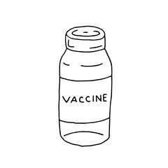 Vaccine bottle. Mandatory vaccination. Dose. Medicine. Epidemic. Virus. Covid. Vector. Doodle. hand-drawn illustration. Silhouette. Black and white outline. Coloring.