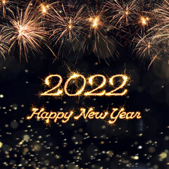 Bright text 2022 Happy New Year made of sparkler on black background. Greeting card design