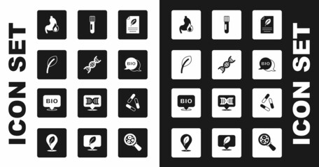 Set Eco paper with leaf, DNA symbol, Leaf or leaves, Stomach heartburn, Bio healthy food, Test tube and flask, Virus and icon. Vector