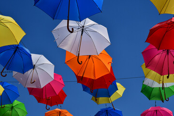 Les Andelys; France - july 2 2019 : umbrellas in a street