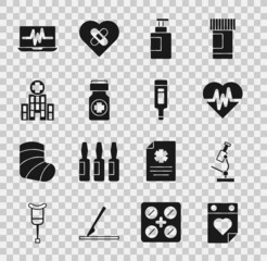 Set Doctor appointment, Microscope, Heart rate, Hand sanitizer bottle, Medicine pills, Medical hospital building, Laptop with cardiogram and Digital thermometer icon. Vector